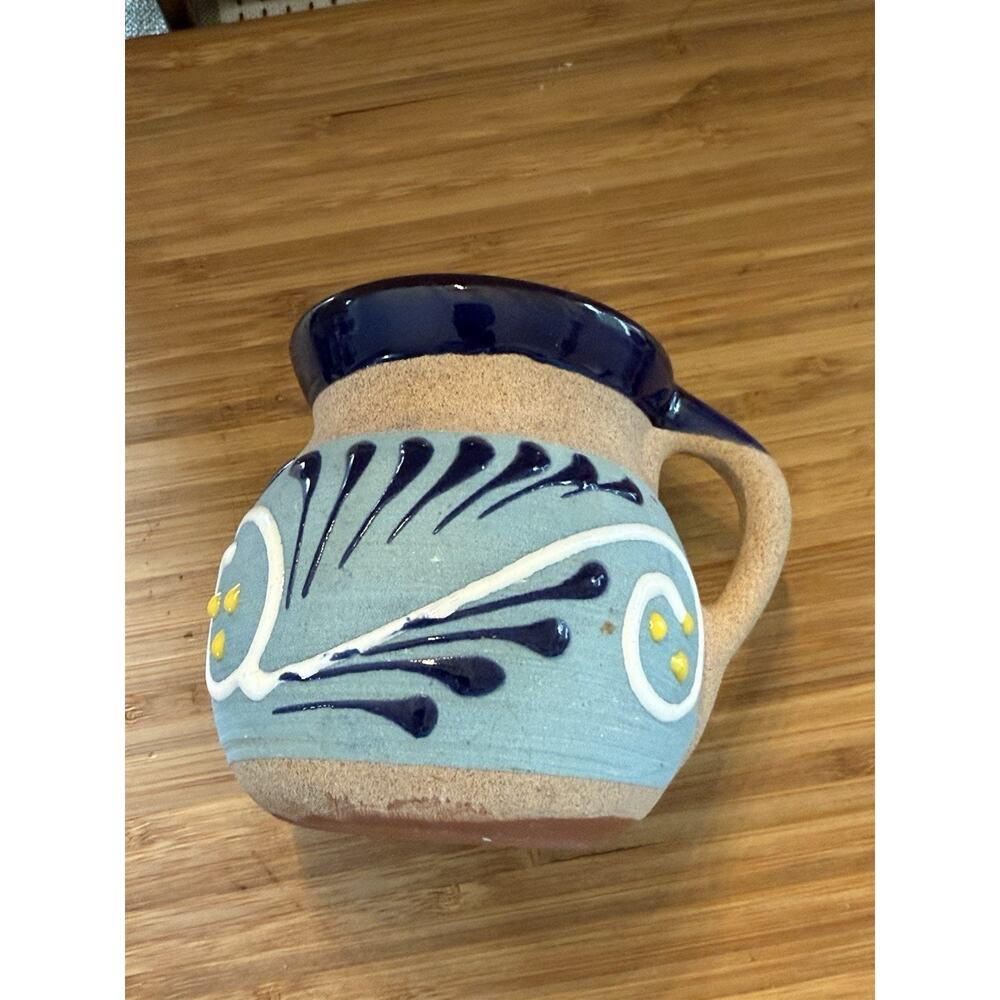 Mexican Clay Vintage Coffee Mug Jarrito Pottery Blue Folk Art Cup 4x3.5 Inches